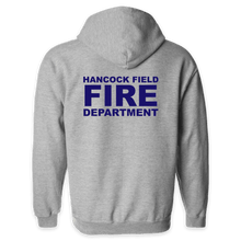 Load image into Gallery viewer, LEISURE WEAR- Hancock Fire Department Full Zip Hooded Sweatshirt (Blue Logo w/back)
